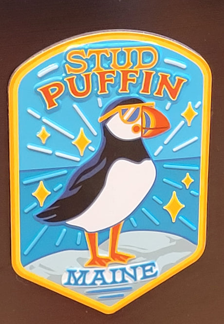 Maine Stud Puffin Magnet featuring a colorful puffin with sunglasses on a bright blue background design.