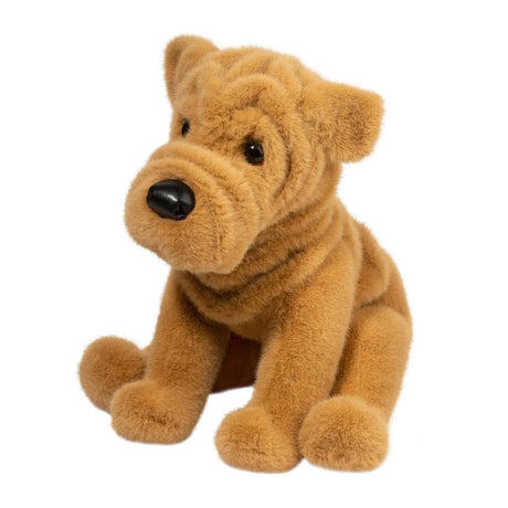Shar-Pei Tater DLux plush stuffed animal with soft wrinkles, amber eyes, curled tail, and lifelike seated pose.