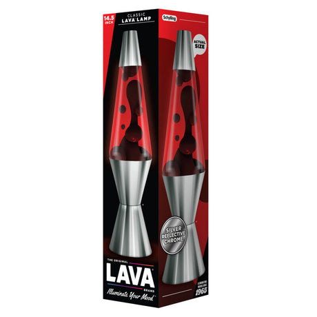 Lava Lamp | Chrome Plated Crimson with black wax and red liquid in silver reflective chrome base packaging box.