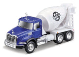 Blue and white 4.5-inch Mack Granite cement mixer toy truck with detailed die-cast body and free-rolling wheels
