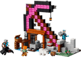 Block-built pixelated mining structure with characters, minecart, TNT crate, and a lantern hanging from the top beam
