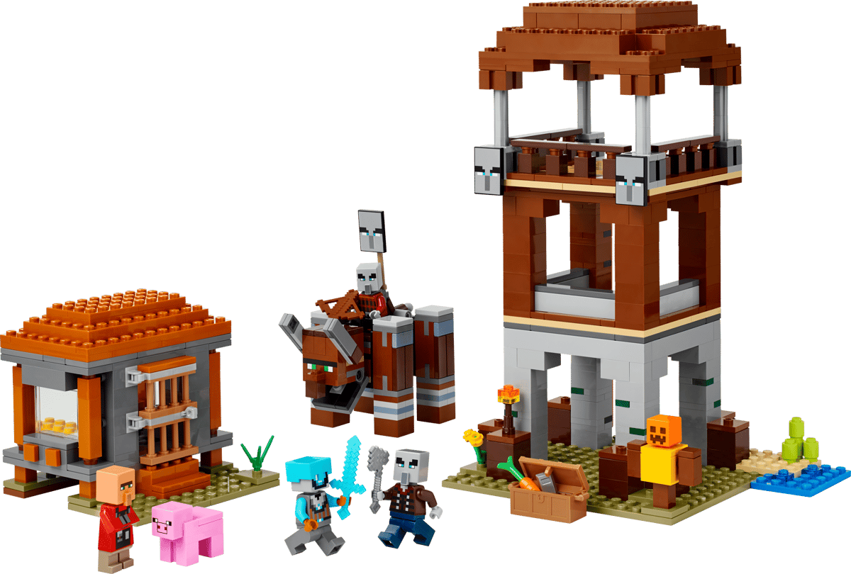 Block-built scene with two brown towers, three characters, a pig, a blue sword, and various accessories on green baseplates