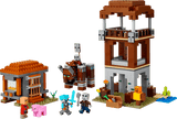 Block-built scene with two brown towers, three characters, a pig, a blue sword, and various accessories on green baseplates