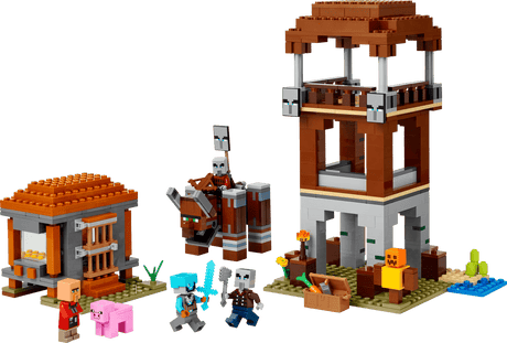 Block-built scene with two brown towers, three characters, a pig, a blue sword, and various accessories on green baseplates