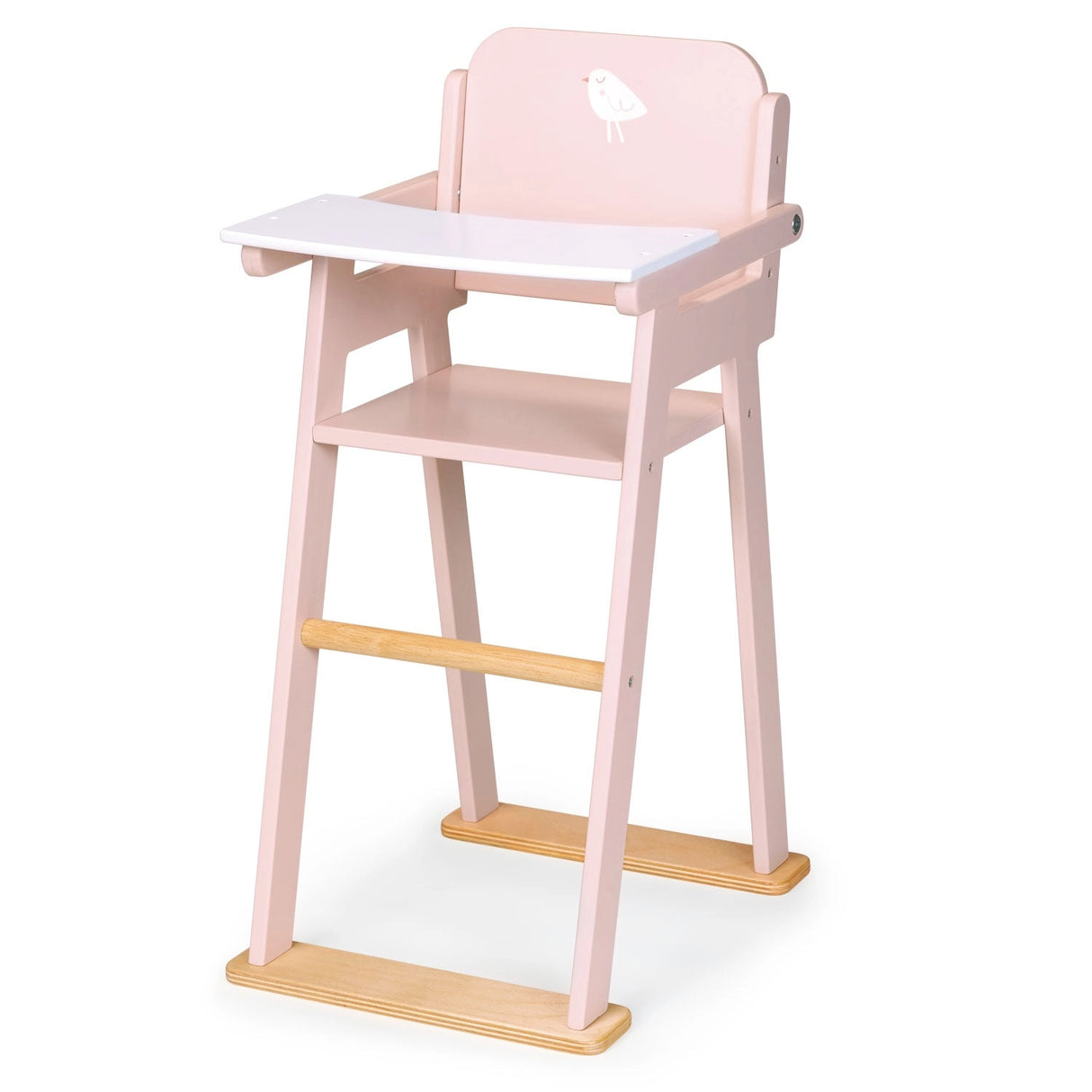 Pink wooden pretend play high chair for baby dolls with white tray and bird design on backrest