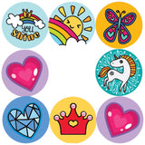 Depiction of eight varieties of fantastical stickers seen in the Rainbow Sticker Stamper. For ages 3 and up.