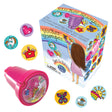 Depiction of Rainbow Sticker Stamper next to box. Different stickers from the stamper are seen stamped below. For ages 3 and up.