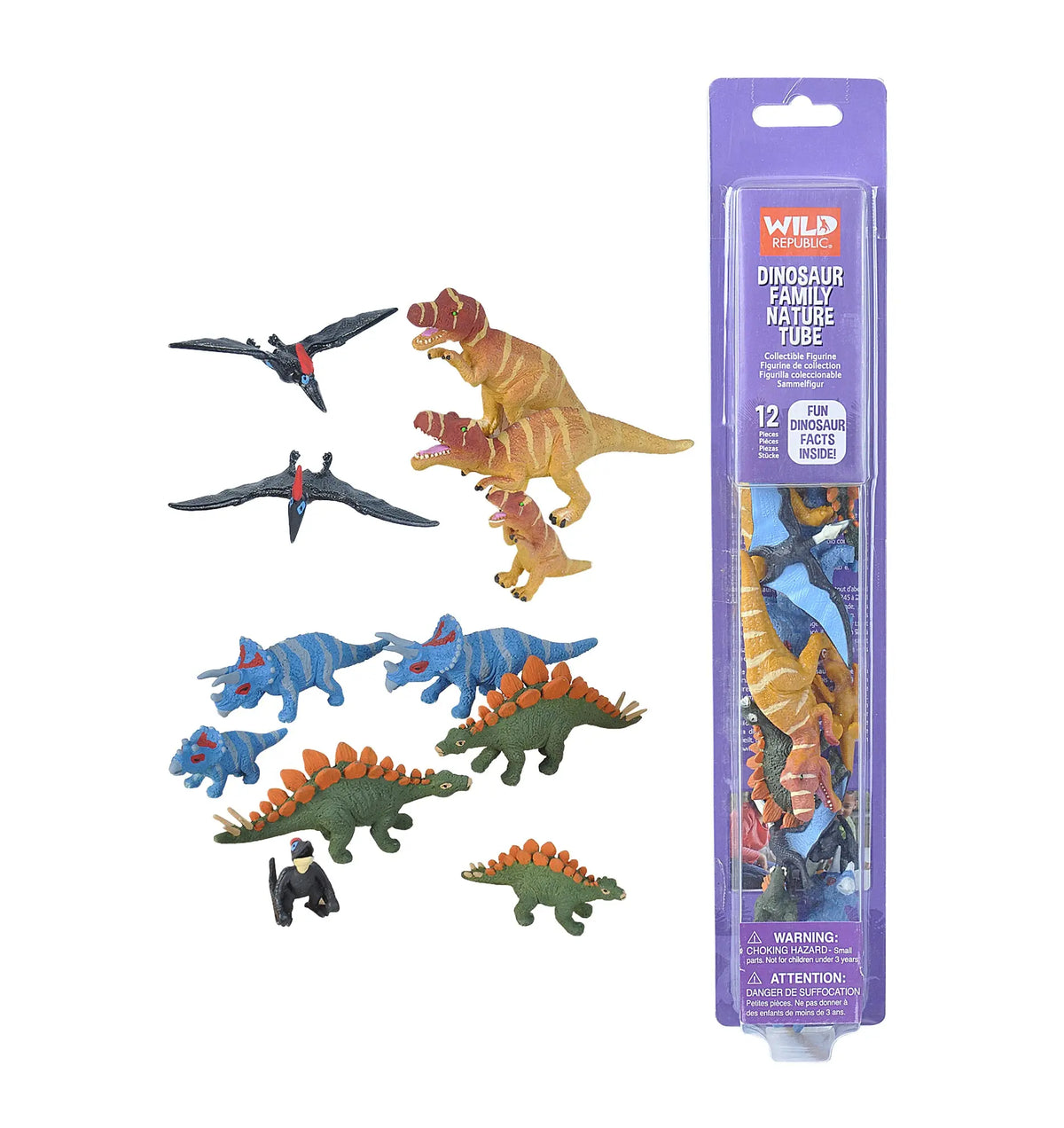 Nature Tube Dinosaur Family toy set with colorful dinosaurs and flying pterosaurs in a clear package