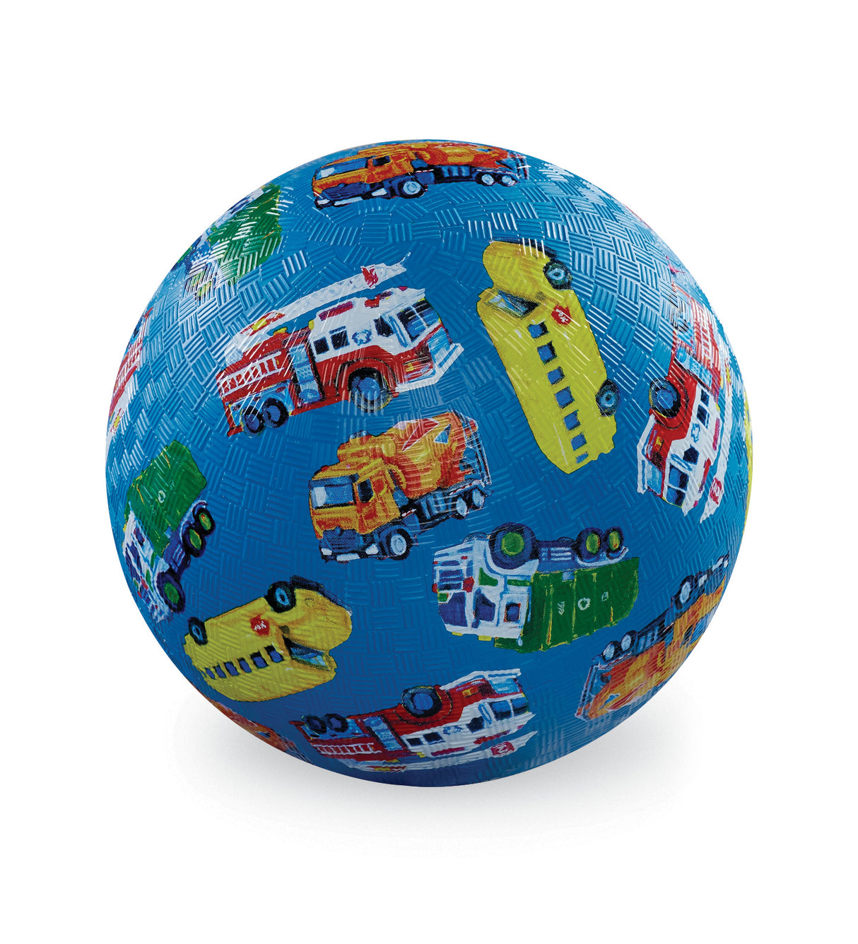 Playground Ball 7in | City Vehicles with colorful fire trucks, school buses, and other city vehicle designs on blue background.