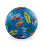 Playground Ball 7in | City Vehicles with colorful fire trucks, school buses, and other city vehicle designs on blue background.