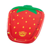 Inflatable red splash pad shaped like a strawberry with green leafy top and yellow seed accents