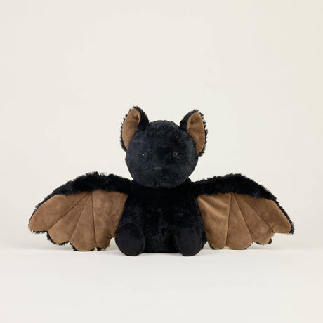 Plush bat toy with soft black and brown fabric wings, designed for soothing warmth and comfort with lavender scent.