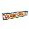 Long rectangular box of classic dominoes game with colorful vintage-style lettering and playful illustrations on white background