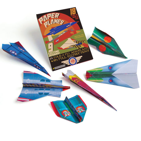 Paper Planes set with nine colorful paper planes and instruction booklet for making 18 flying designs.