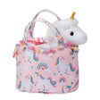 Unicorn PetSak pink basket with a plush white unicorn and colorful unicorn print