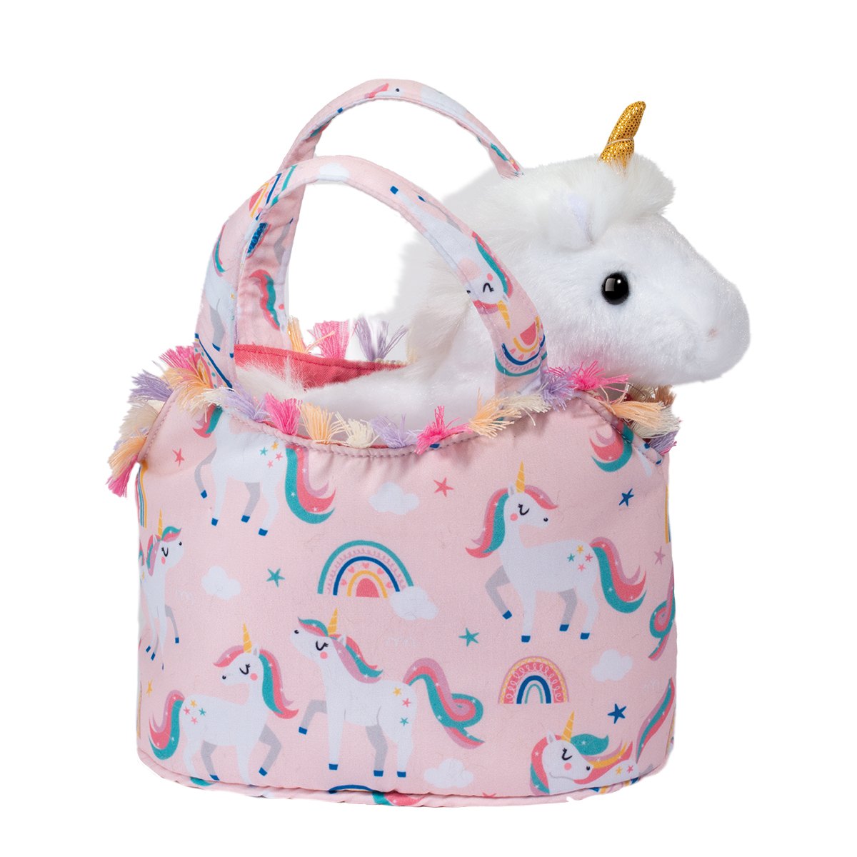 Unicorn PetSak pink basket with a plush white unicorn and colorful unicorn print