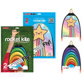 Colorful star and rainbow rubber band rocket kites in packaging and ready to launch outdoors for fun play activities