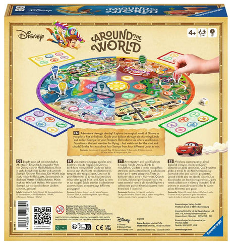 Disney Around the World board game with colorful pieces, passport cards, and players moving balloons across six Lands.