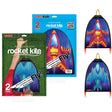 Rubberband Rocket Kite packaging showing two colorful rocket-shaped kites designed for fun and exciting flight powered by rubber bands