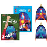 Rubberband Rocket Kite packaging showing two colorful rocket-shaped kites designed for fun and exciting flight powered by rubber bands