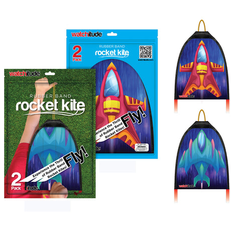 Rubberband Rocket Kite packaging showing two colorful rocket-shaped kites designed for fun and exciting flight powered by rubber bands