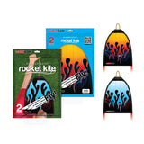 Two-pack Rubberband Rocket Kites with flame design in orange and blue colors shown in packaging and out of package.