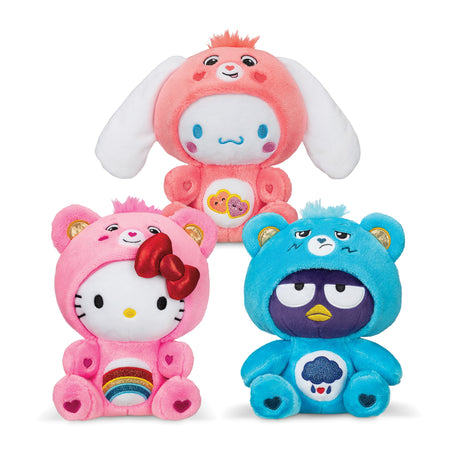 Hello Kitty X Care Bears Mashup plush trio featuring Hello Kitty, Cinnamoroll, and Badtz Maru in colorful bear costumes.