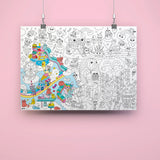 Giant kawaii coloring poster with cute, whimsical characters and fantasy scenes partially colored on pink background.