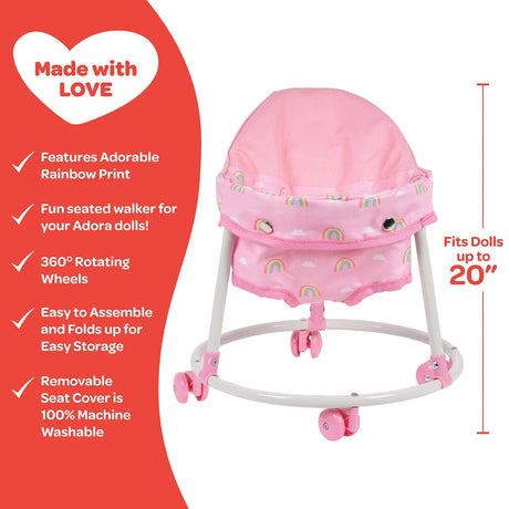 Walker Rainbow Rose lightweight toy doll walker with pink rainbow fabric and 360-degree rotating pink wheels.