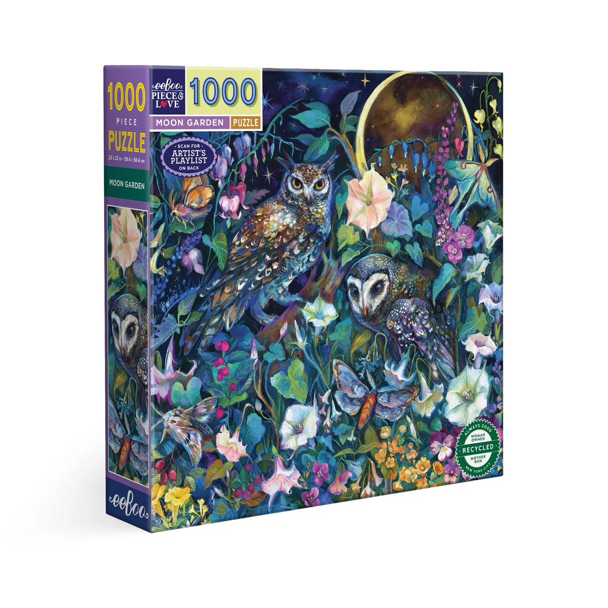 Colorful 1000-piece puzzle box featuring a mystical night garden with owls, flowers, butterflies, and a glowing full moon