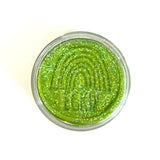 KidDough Glitter | Green sensory dough with shimmering glitter in a clear container, soft and pliable for creative play.