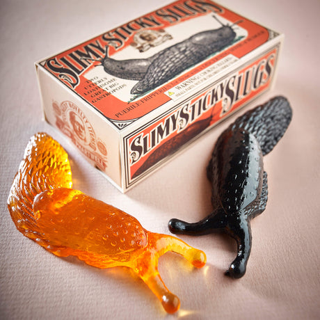 Two sticky slugs next to their box. One is transparent orange and the other is black. For ages 3 and up.