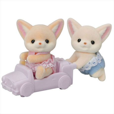 Fennec Fox Twins sitting and crawling twin figures with pink pushcart, soft flocked toys for kids ages 3+
