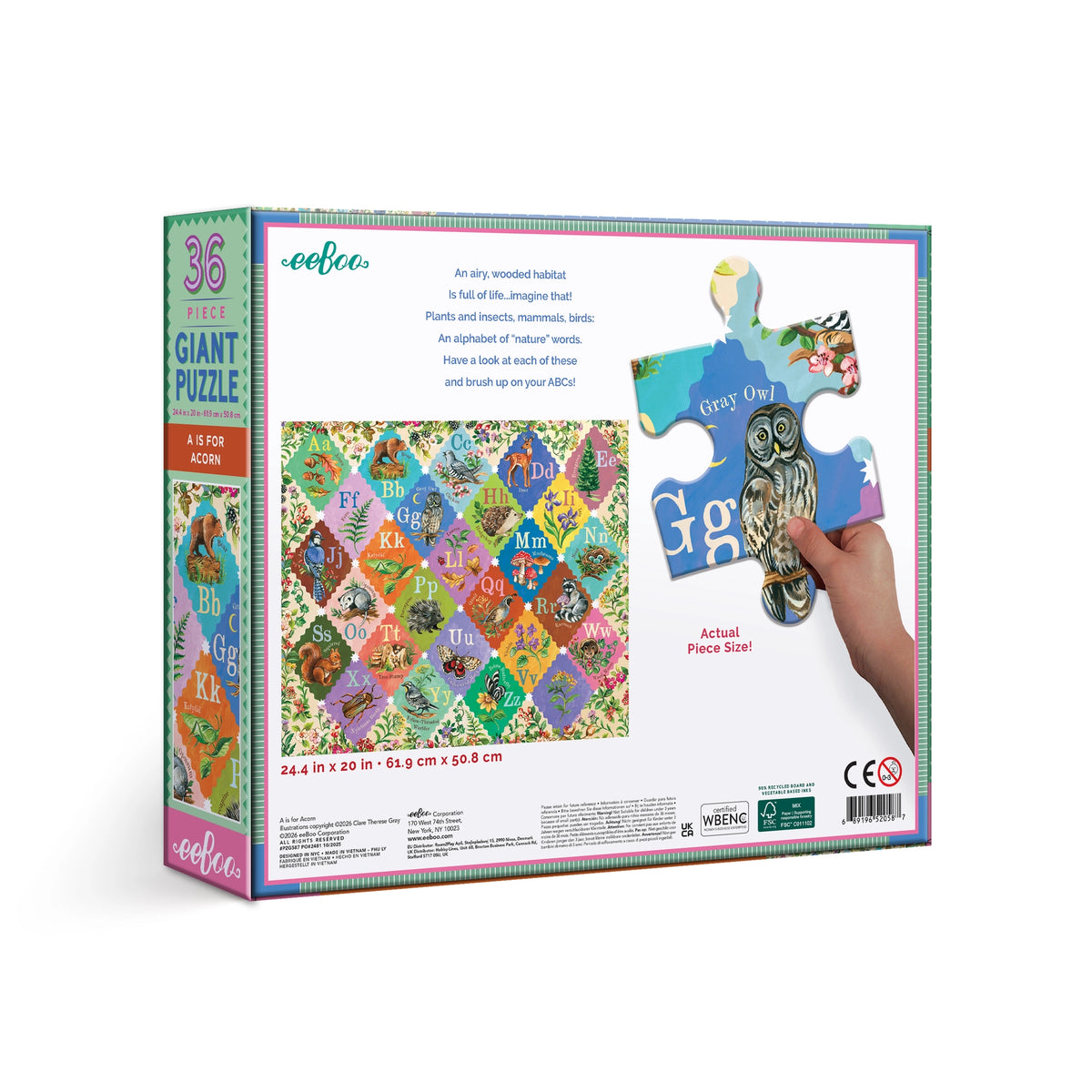 36pc A is for Acorn Giant Puzzle box with colorful alphabet artwork and owl puzzle piece display