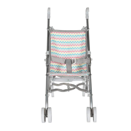 Stroller Umbrella Zig Zag Rainbow with double wheels and colorful zigzag fabric, perfect for dolls up to 15 inches.