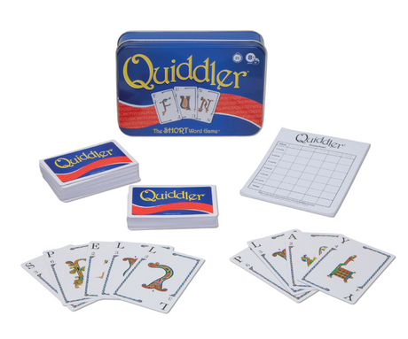 Quiddler Game Tin with letter cards card decks and score pads for word game play