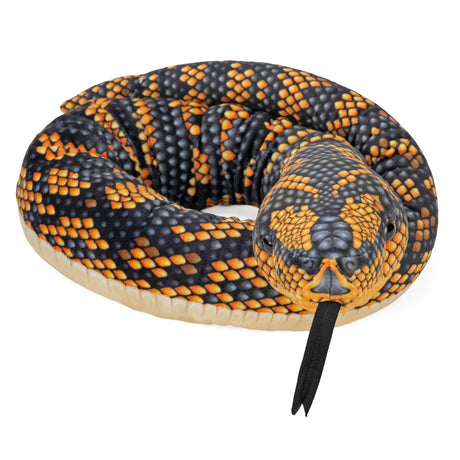 Coiled plush snake with black and bright orange scales and a soft black forked tongue sticking out