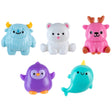 Five colorful squishy toys shaped like winter-themed animals with friendly faces on a white background