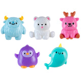Five colorful squishy toys shaped like winter-themed animals with friendly faces on a white background