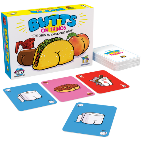 Colorful Butts On Things card game box and cards featuring cheeky art of food and objects with rear ends.