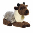 Soft and detailed plush reindeer calf in brown and gray tones, lying down with lifelike features and a friendly expression