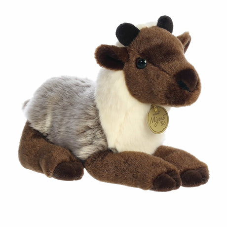 Soft and detailed plush reindeer calf in brown and gray tones, lying down with lifelike features and a friendly expression