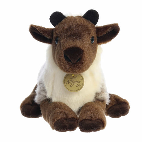 Lifelike plush reindeer calf from Miyoni Tots collection with soft brown and white fur sitting on a white background