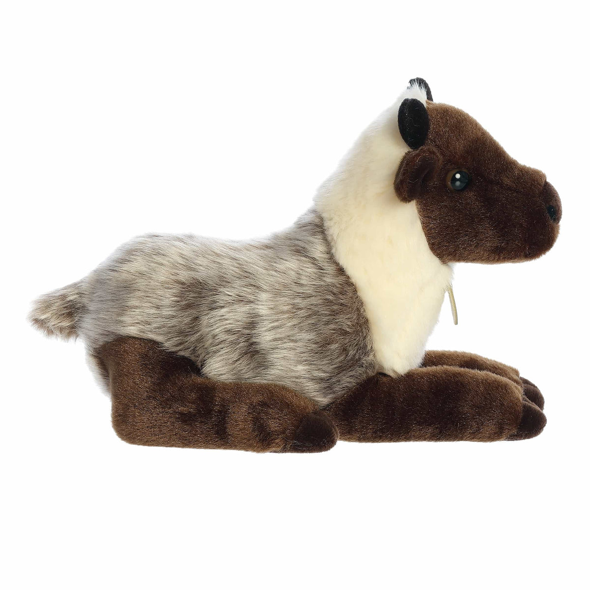 Lifelike plush reindeer calf lying down with soft brown and white fur, perfect for cuddling and gifting.