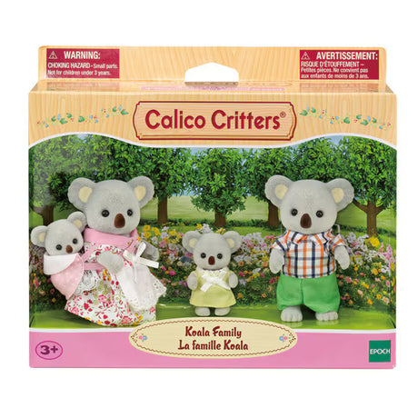 Koala Family toy set featuring four koala figures in colorful outfits and a garden scene