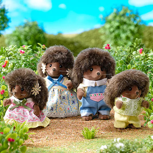 Hedgehog Family plush hedgehog dolls in colorful outfits outdoors
