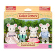 Marshmallow Mouse Family set with four dressed mouse figures in colorful outfits and a display box