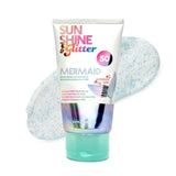 Tube of mermaid-themed sunscreen lotion with sparkling biodegradable glitter and watermelon scent next to lotion swatches