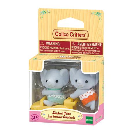 Elephant Twins plush toy set in a colorful display box