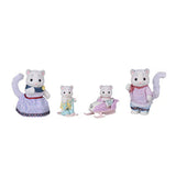 Snow Leopard Family with four white leopard figures in colorful outfits and accessories